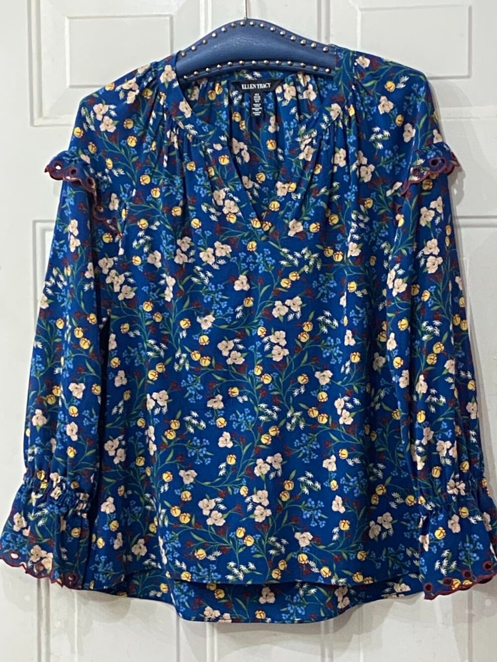 NEW Ellen Tracy Sz S Blouse 3/4 Sleeve Dark Teal/Multi Floral Embroidered Sleeve
